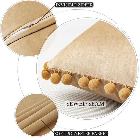 Luxury Home | Golden Khaki Soft Velvet Pom Pom Trim Throw Pillow Covers - Picture 5 of 8